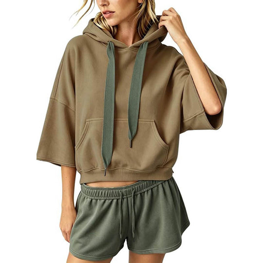 Damen Cropped Kapuzenpullover mit 3/4-Ärmeln und Kängurutasche Nord Taschen