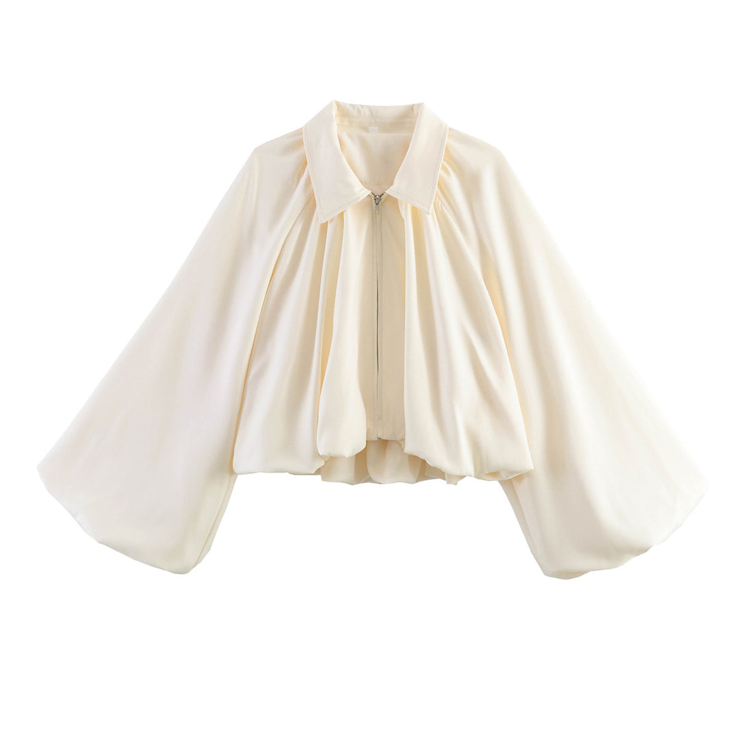 Damen Kurze Cape-Jacke mit voluminösen Ballonärmeln, Stehkragen und Reißverschluss Nord Taschen