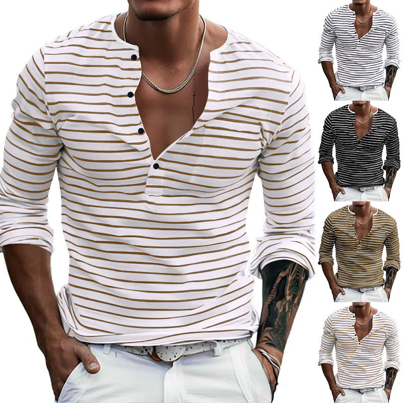 Herren Langarm-Henley-Shirt mit modischen Streifen und praktischen Knöpfen