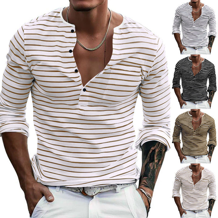 Herren Langarm-Henley-Shirt mit modischen Streifen und praktischen Knöpfen