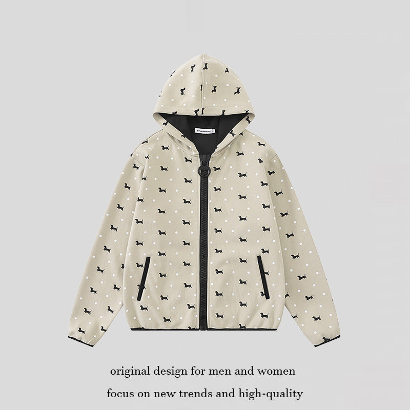 Damen Leichte Kapuzen-Zipjacke mit Hundesilhouette und Tupfen-Allover Nord Taschen