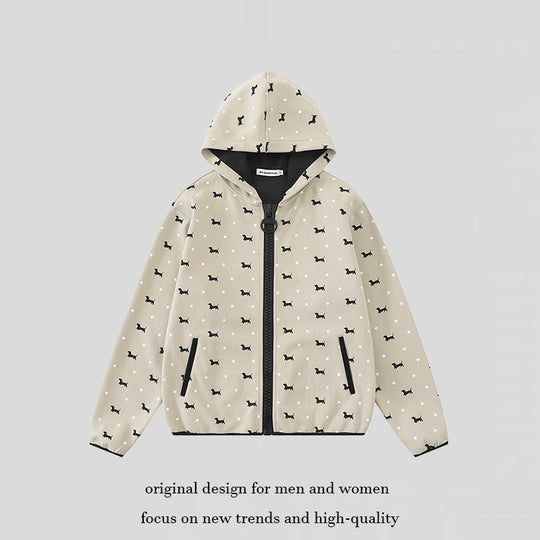 Damen Leichte Kapuzen-Zipjacke mit Hundesilhouette und Tupfen-Allover Nord Taschen