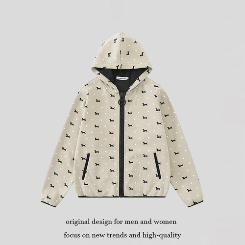 Damen Leichte Kapuzen-Zipjacke mit Hundesilhouette und Tupfen-Allover Nord Taschen