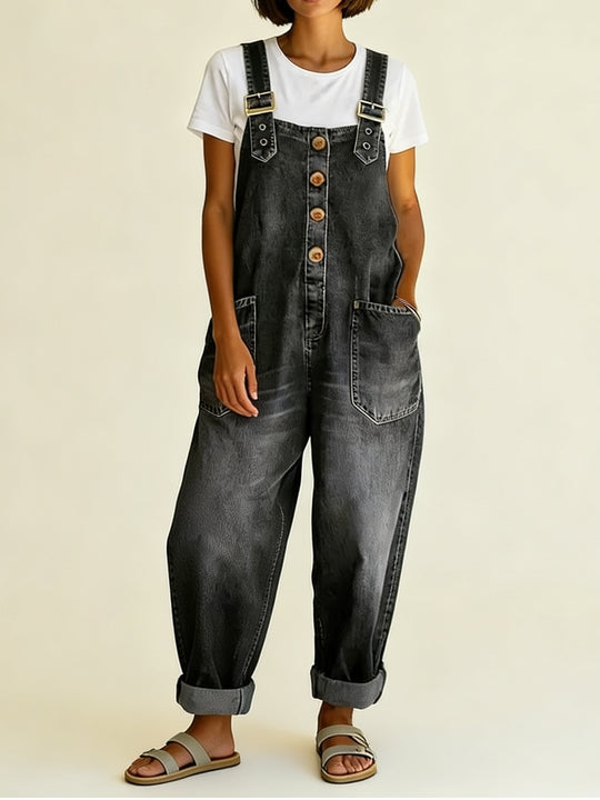 Damen Weite Denim-Latzhose mit Knopfleiste, verstellbaren Trägern und aufgesetzten Taschen Nord Taschen