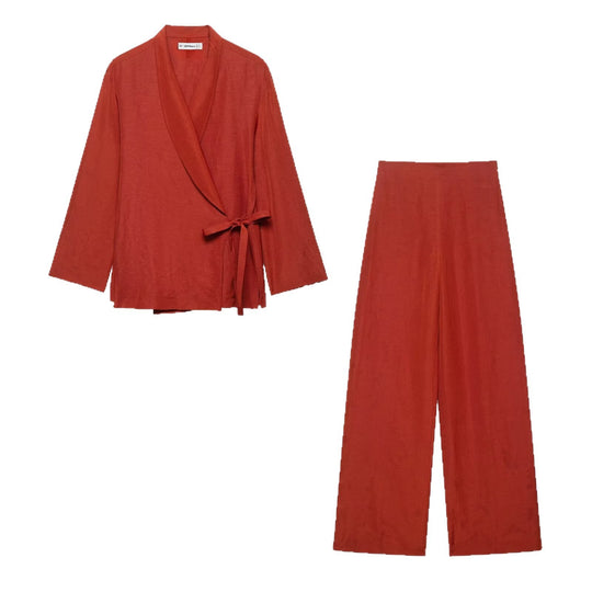 Damen Wickel-Kimono-Set mit Taillenband und weiter Palazzo-Hose Nord Taschen