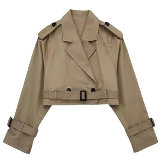 Damen Gekürzte Trenchjacke mit Taillengürtel, Schulterklappen und verstellbaren Ärmelriemen Nord Taschen