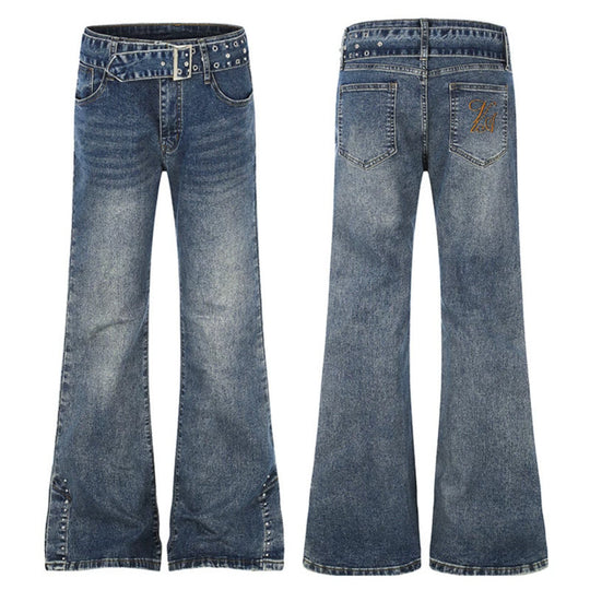 Damen High-Waist Flared-Denimjeans mit Nietenbesatz, weitem Schlag und Ziergürtel Nord Taschen