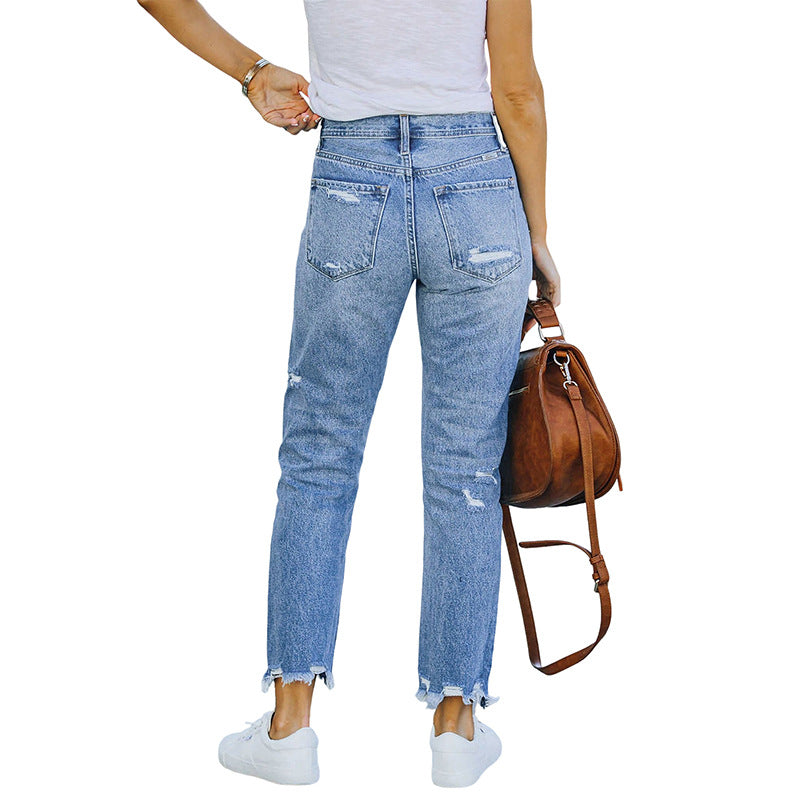 Damen High-Waist Jeans mit geradem Bein, Destroyed-Optik und rohem Saum Nord Taschen