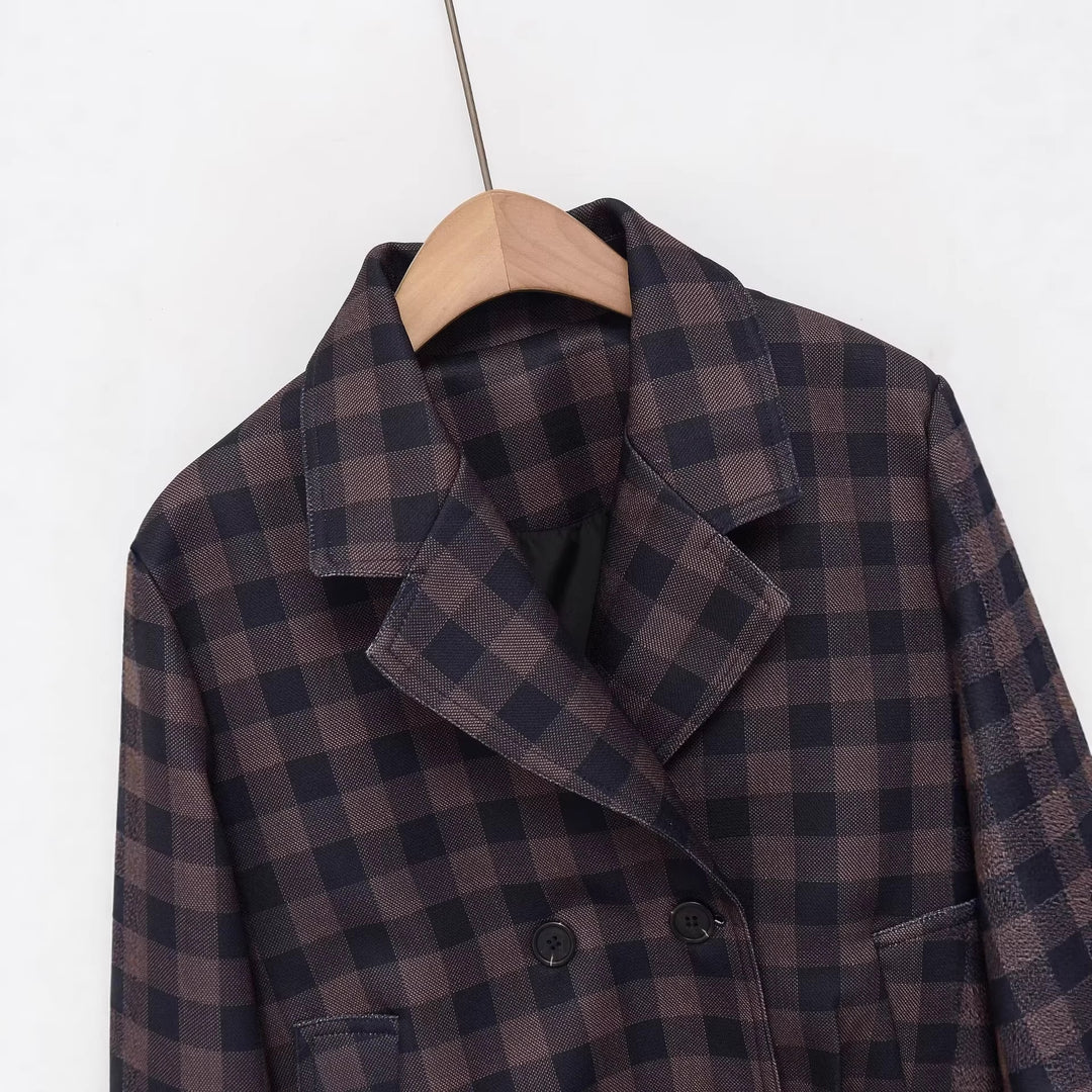 Damen Kurze Doppelreiher-Jacke im Karo-Design mit Reverskragen und Taillenbund Nord Taschen