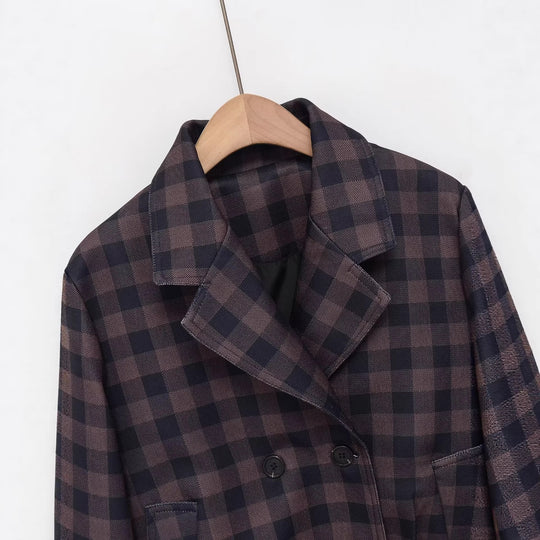 Damen Kurze Doppelreiher-Jacke im Karo-Design mit Reverskragen und Taillenbund Nord Taschen