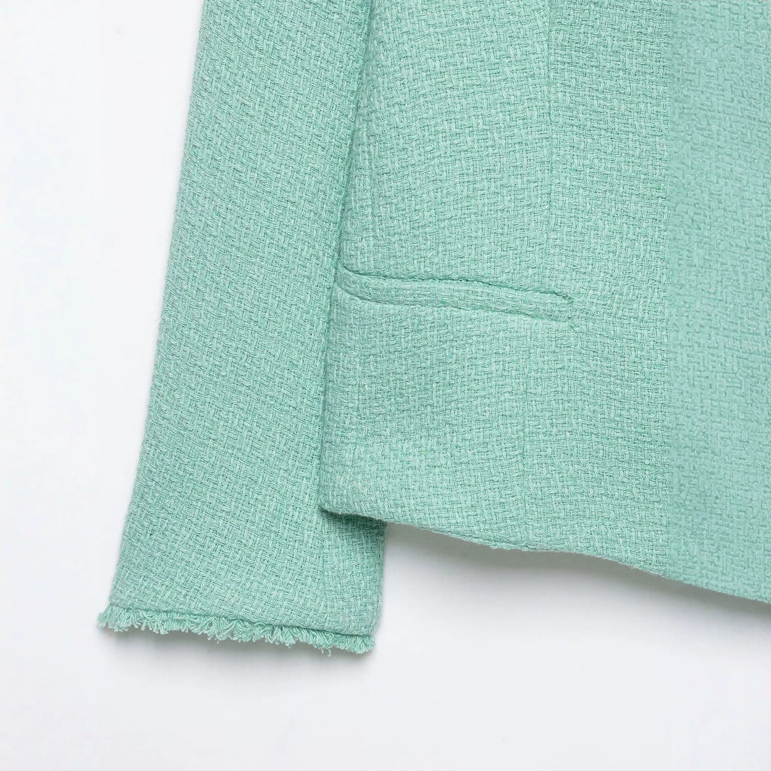 Damen Kurz geschnittene Bouclé-Tweedjacke mit Fransenbesatz und asymmetrischer Knopfleiste Nord Taschen
