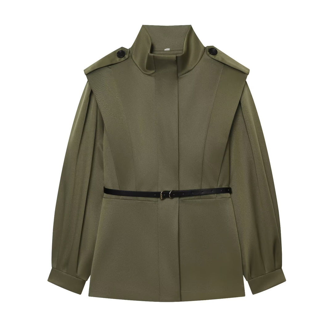 Damen Kurzer Cape‑Trenchcoat mit Stehkragen, Schulterpatten und Taillengürtel Nord Taschen