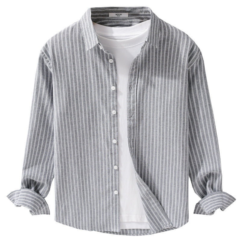 Herren Lässiges Leinen-Baumwoll-Langarmhemd mit feinem Nadelstreifen, Easy‑Care Finish und abgerundetem Saum Nord Taschen