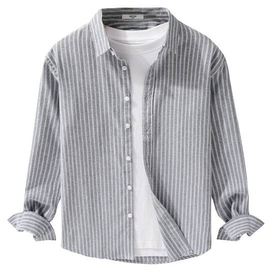 Herren Lässiges Leinen-Baumwoll-Langarmhemd mit feinem Nadelstreifen, Easy‑Care Finish und abgerundetem Saum Nord Taschen