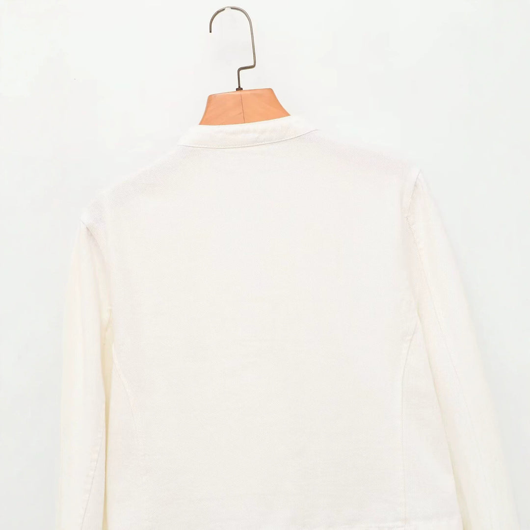Damen Jeansjacke im Militärstil mit Stehkragen und dekorativen Zierknopfleisten Nord Taschen