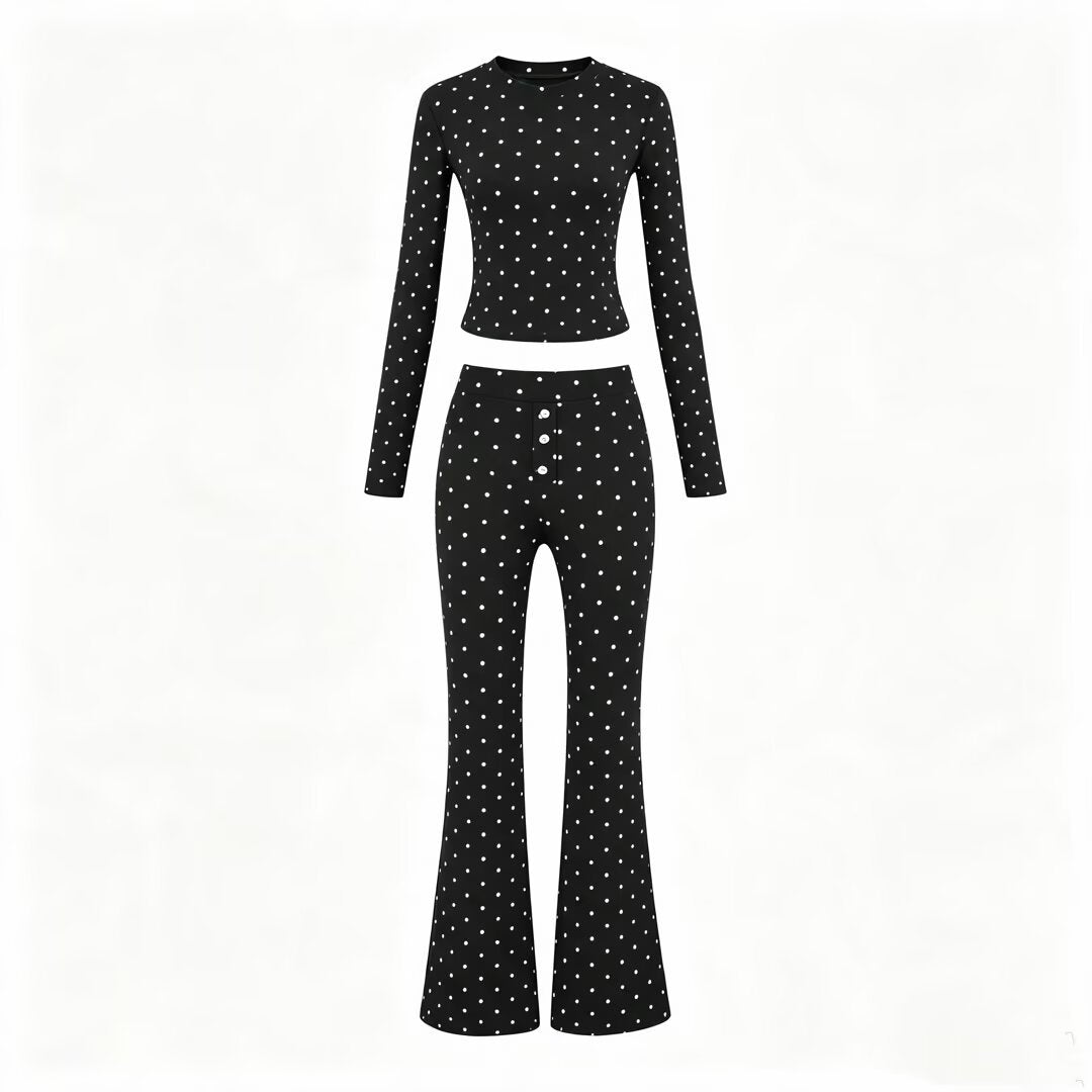 Damen Zweiteiliges Stretch-Jersey Lounge-Set mit Cropped Longsleeve und High‑Waist Schlaghose Nord Taschen