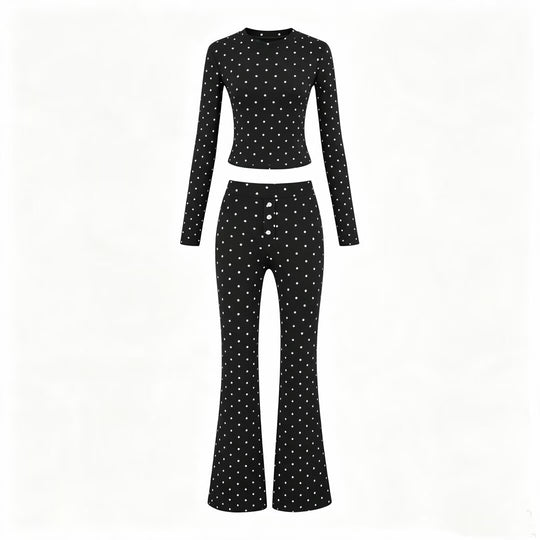 Damen Zweiteiliges Stretch-Jersey Lounge-Set mit Cropped Longsleeve und High‑Waist Schlaghose Nord Taschen