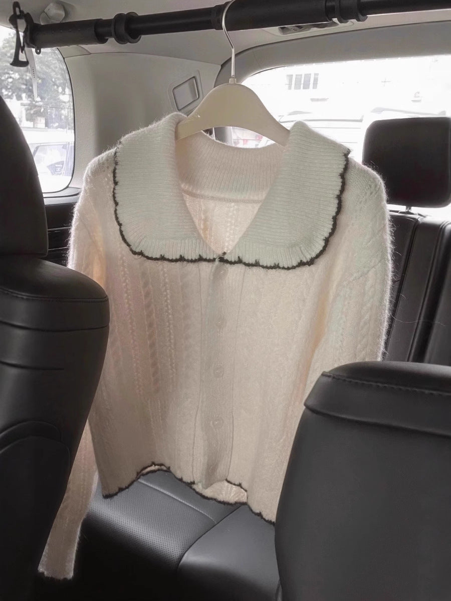Damen Zopfmuster-Strickcardigan mit großem Matrosenkragen und kontrastkante Nord Taschen
