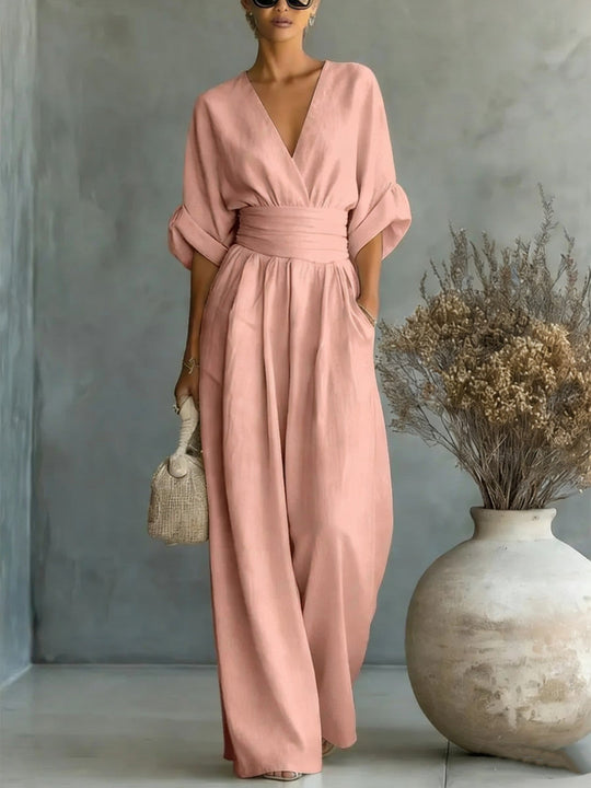Eleganter Ärmelloser Jumpsuit mit Tiefem V-Ausschnitt, Taillenbund und Weitem Bein Avellé