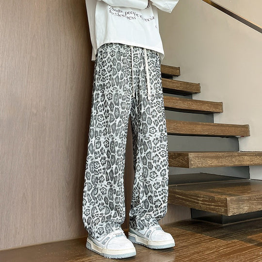 Herren Weit geschnittene Leoprint-Hose aus leichtem Viskose-Mix mit Kordelzug Nord Taschen