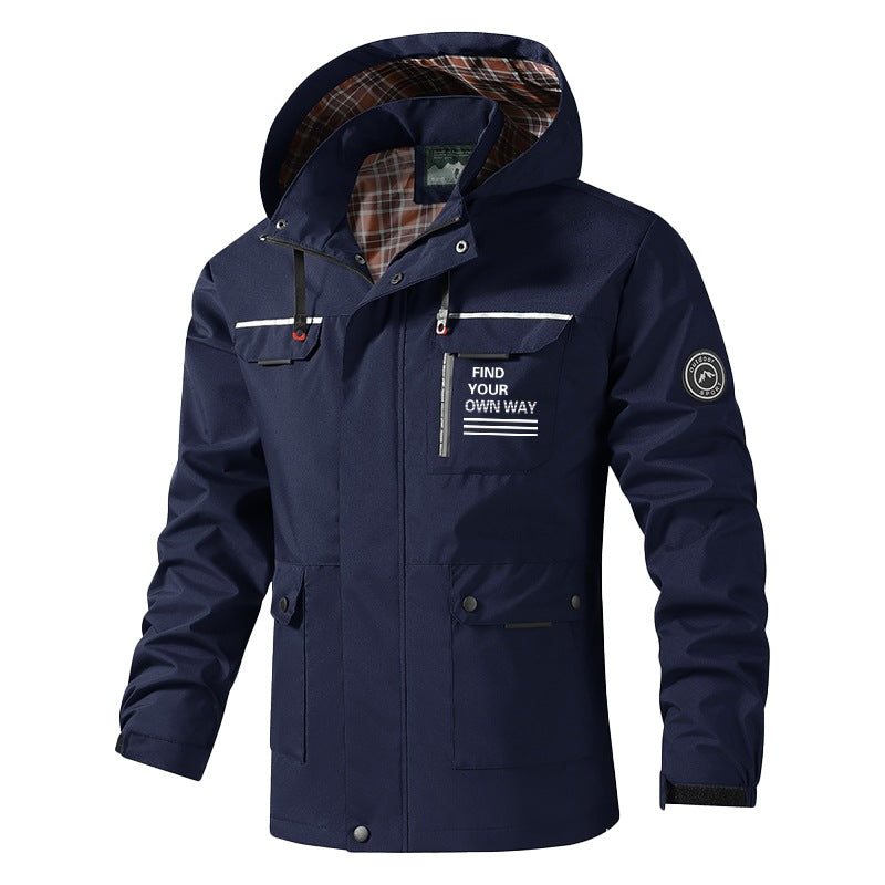 Herren Atmungsaktive wasserabweisende Kapuzen-Outdoorjacke mit kariertem Innenfutter, Multifunktions-Taschen & verstellbarer Kapuze Nord Taschen