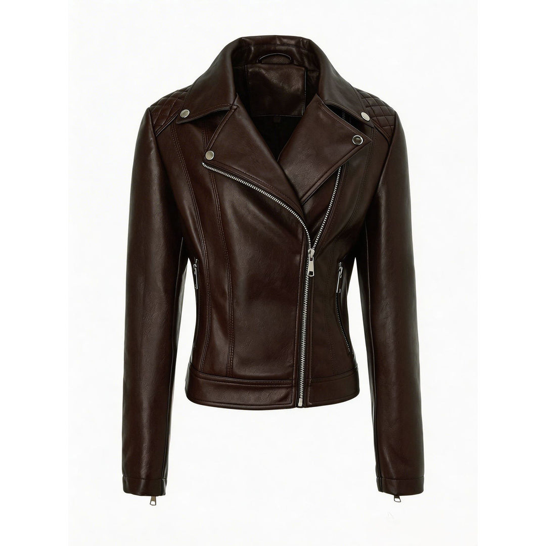 Damen taillierte Biker-Lederjacke mit Stepp-Schultern und asymmetrischem Reißverschluss Nord Taschen