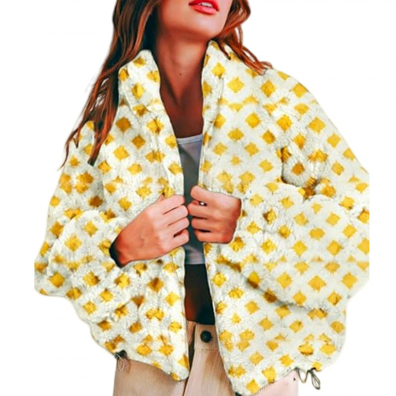 Damen Kurz geschnittene Sherpa Fleecejacke mit geometrischem Muster und Kordelzug Nord Taschen