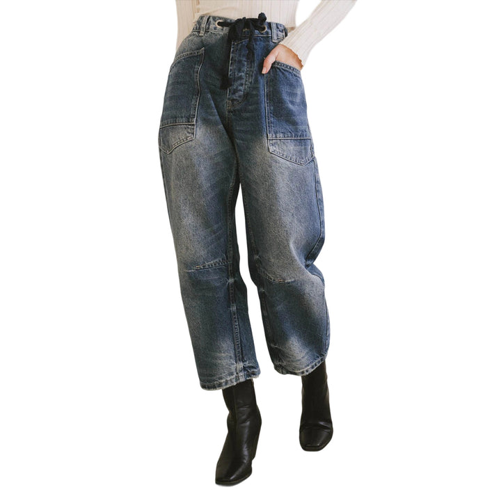 Damen lässige Cargo-Denim Culotte mit Kordelbund und großen aufgesetzten Taschen Nord Taschen