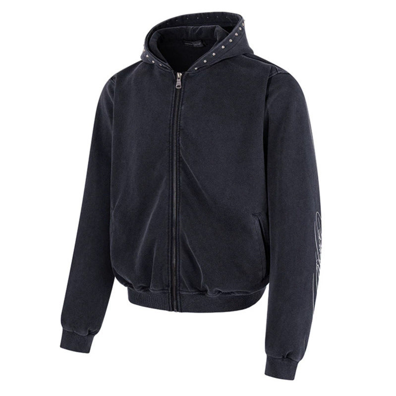 Herren Kurz geschnittene Zip‑Kapuzenjacke aus Velours mit Nietenbesetzter Kapuze Nord Taschen