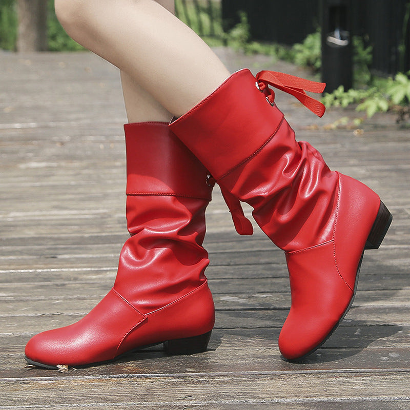 Damen Wadenhohe Slouch‑Stiefel mit dekorativem Satinschnürband und niedrigem Blockabsatz Nord Taschen