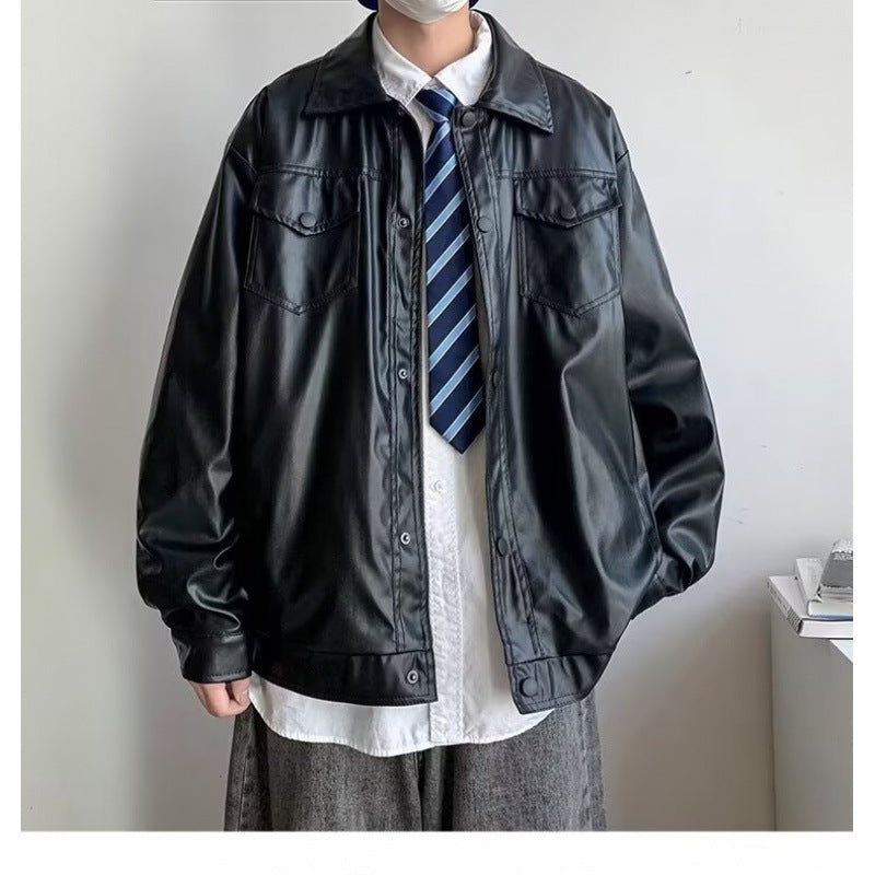 Herren Oversized Kunstleder-Hemdenjacke im Boxy-Look mit Pattentaschen und Druckknopfleiste Nord Taschen