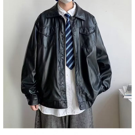Herren Oversized Kunstleder-Hemdenjacke im Boxy-Look mit Pattentaschen und Druckknopfleiste Nord Taschen