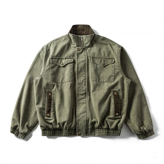 Herren Kastenförmige Canvas-Blousonjacke mit Cordbesatz, Stehkragen und elastischem Saum Nord Taschen