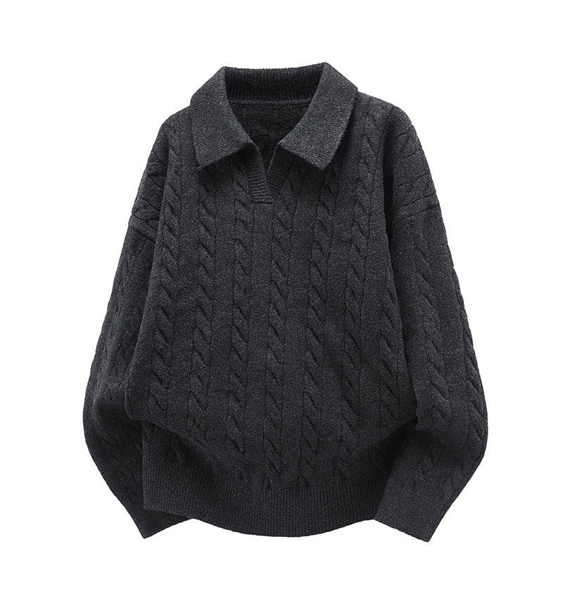 Damen Oversize Kabelstrick-Polo-Pullover mit V‑Ausschnitt und geripptem Saum Nord Taschen