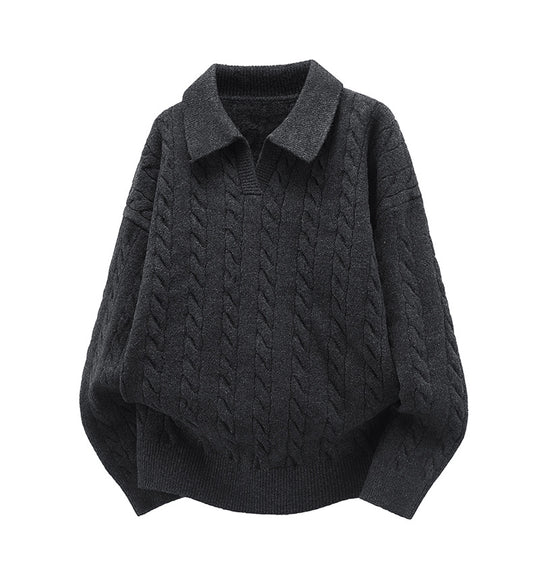 Damen Oversize Kabelstrick-Polo-Pullover mit V‑Ausschnitt und geripptem Saum Nord Taschen