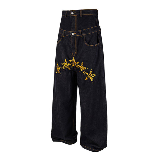 Damen Hochtaillierte weite Jeanshose mit dekorativer Sternstickerei Nord Taschen