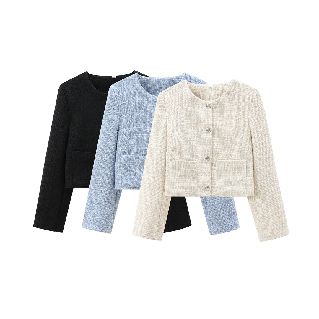 Damen elegante Kurzjacke im strukturierten Tweed-Stil mit praktischen Taschen