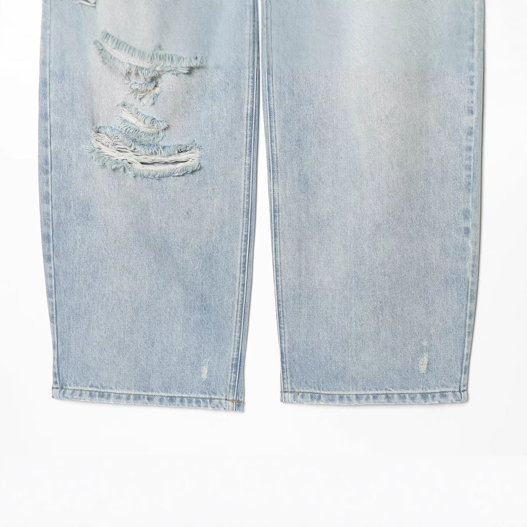 Damen High‑Waist Jeans mit weitem Bein, Destroyed‑Details und ausgefransten Knien Nord Taschen