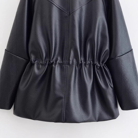 Damen Oversize Kunstlederjacke mit Stehkragen, Tunnelzug-Taille und aufgesetzten Taschen Nord Taschen