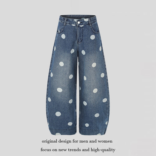 Damen Weite Jeans-Culotte im Palazzo-Stil mit hohem Bund und Punktmuster Nord Taschen