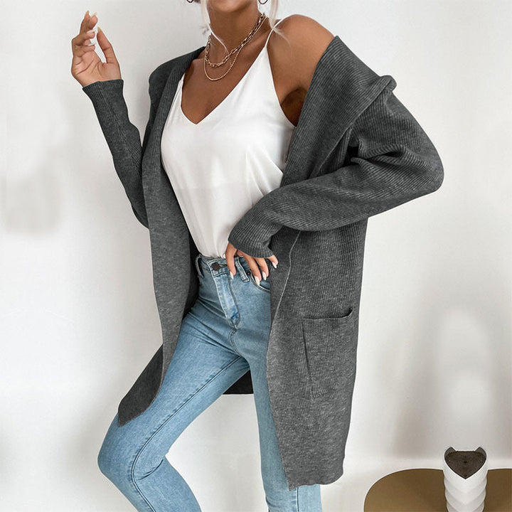 Damen Langärmlige Strickjacke mit Kapuze und seitlichen Taschen