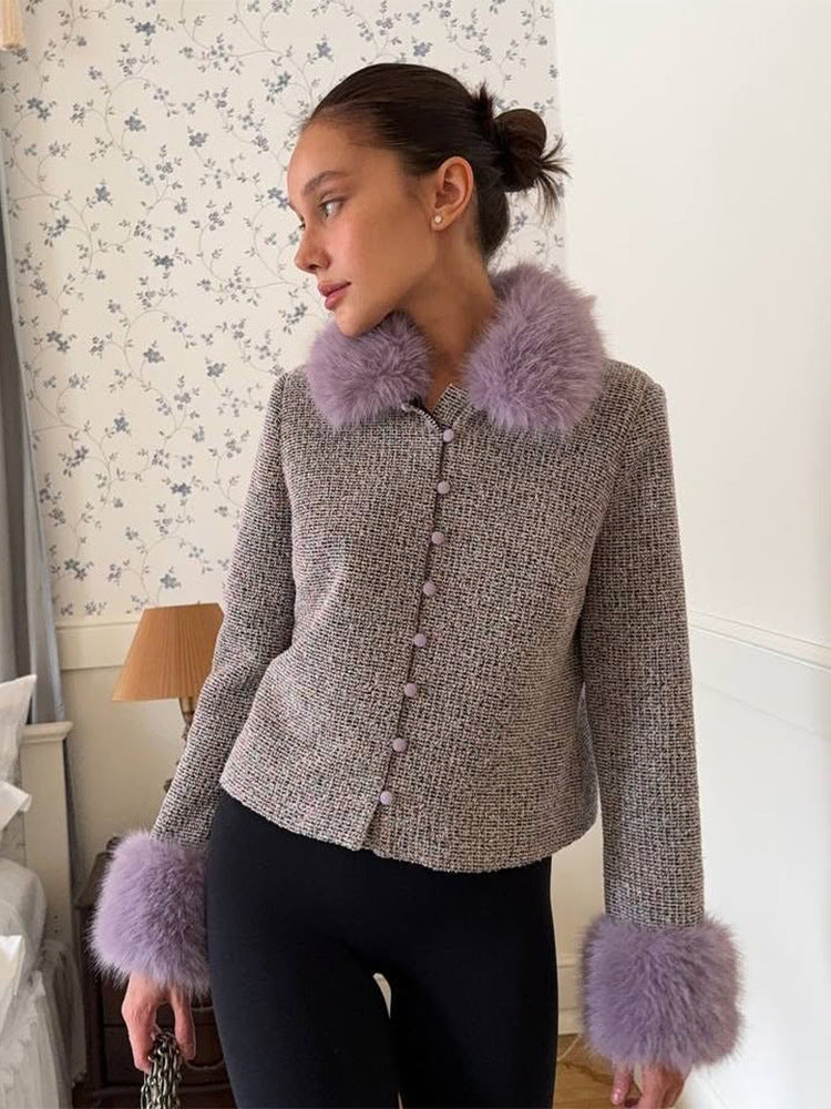 Damen Bouclé‑Jacke mit abnehmbarem Webpelzkragen und Fellmanschetten Nord Taschen