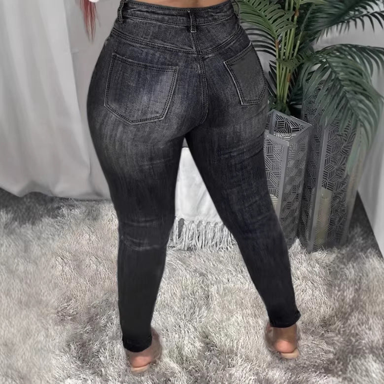 Damen Hochtaillierte figurformende Röhrenjeans mit asymmetrischen Rissen und knöchellangem Schnitt Nord Taschen