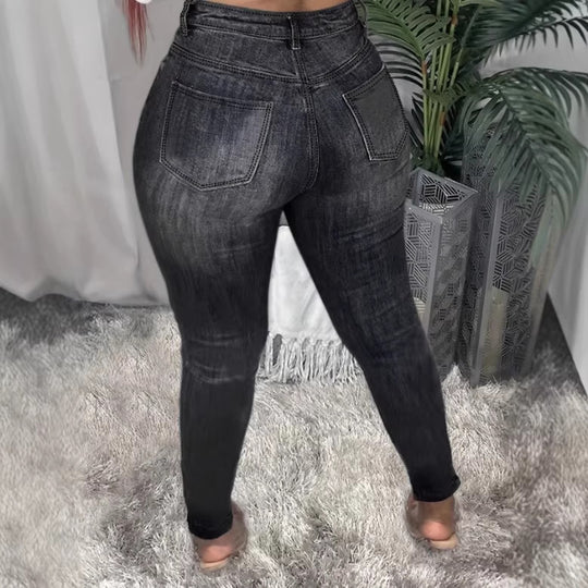 Damen Hochtaillierte figurformende Röhrenjeans mit asymmetrischen Rissen und knöchellangem Schnitt Nord Taschen