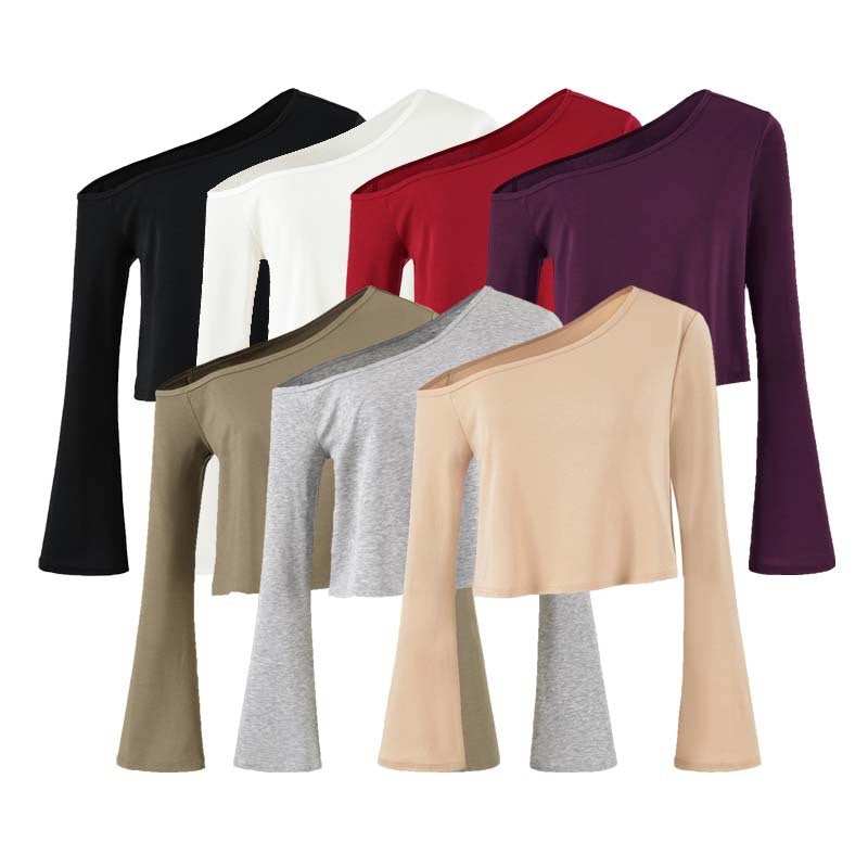 Damen Cropped Off-Shoulder Longsleeve mit ausgestellten Trompetenärmeln aus Jersey Nord Taschen