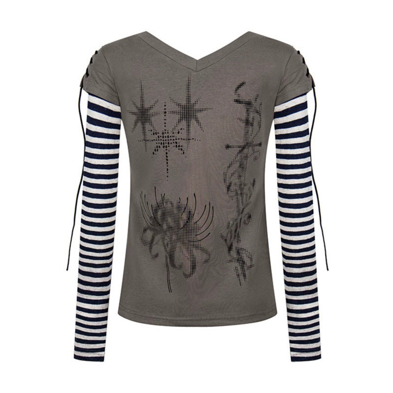 Damen Lagen-Langarmshirt mit V-Ausschnitt, Streifen-Innenlayer und Schnürdetail Nord Taschen