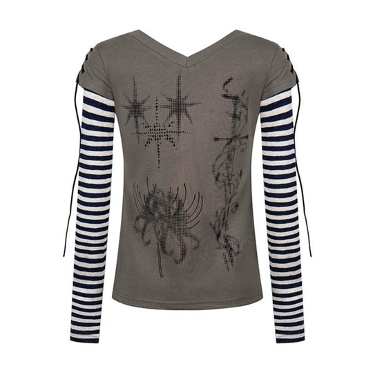 Damen Lagen-Langarmshirt mit V-Ausschnitt, Streifen-Innenlayer und Schnürdetail Nord Taschen