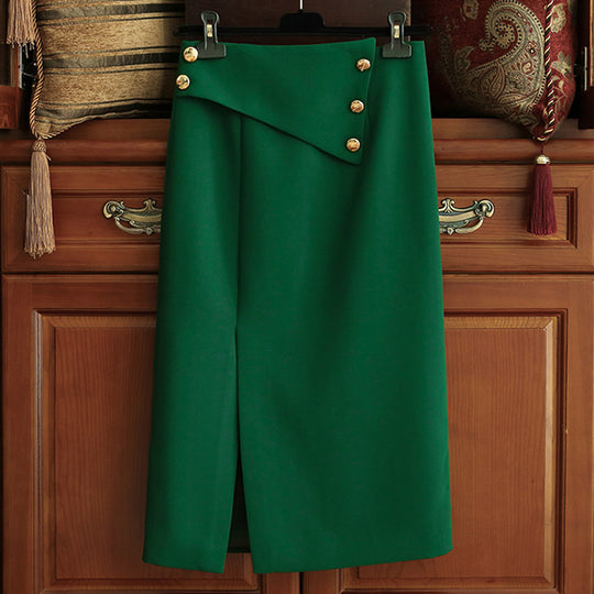 Damen Eleganter Midirock mit asymmetrischem Schnitt und Goldknöpfen Nord Taschen