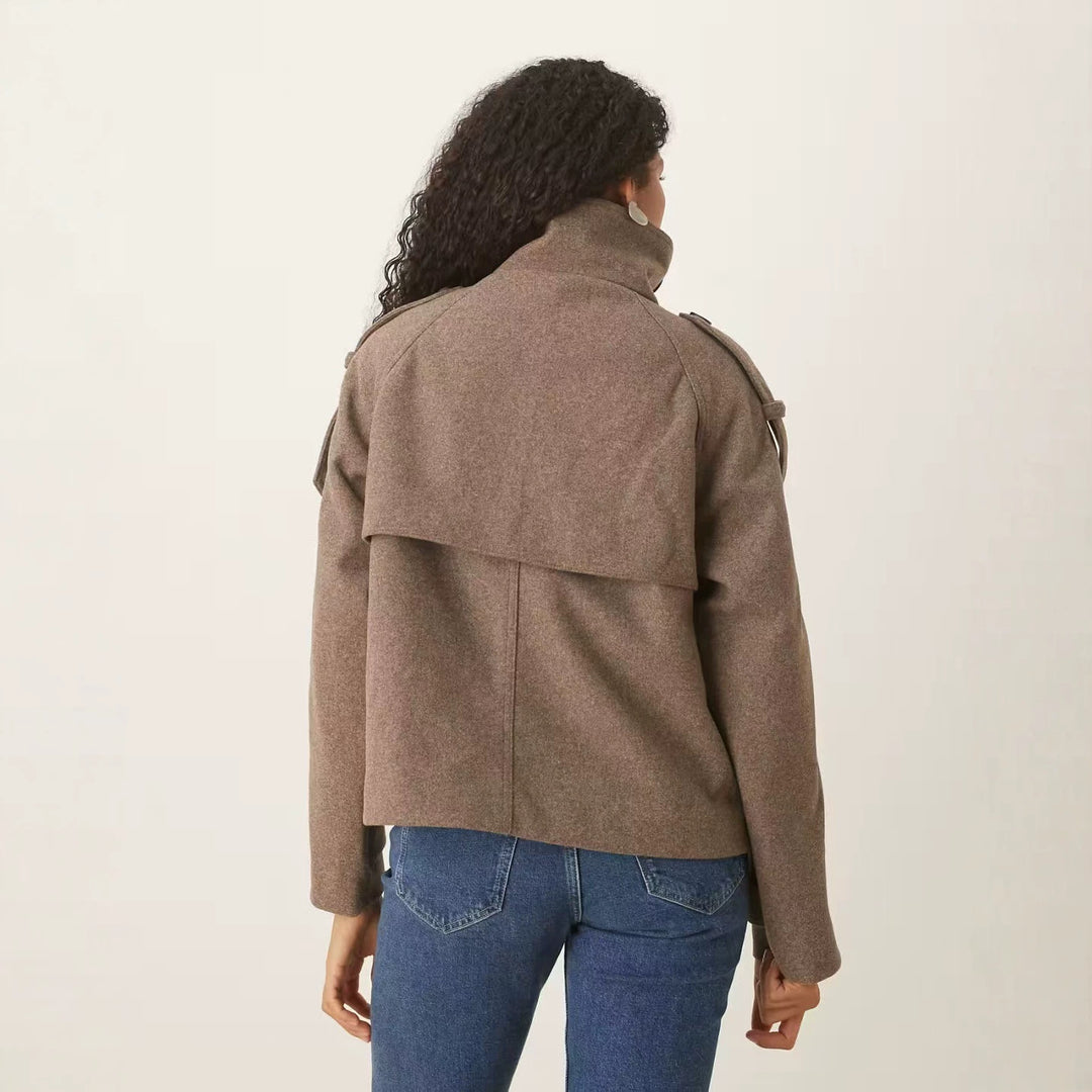 Damen Kurzer Doppelreihiger Woll-Peacoat mit Stehkragen Nord Taschen