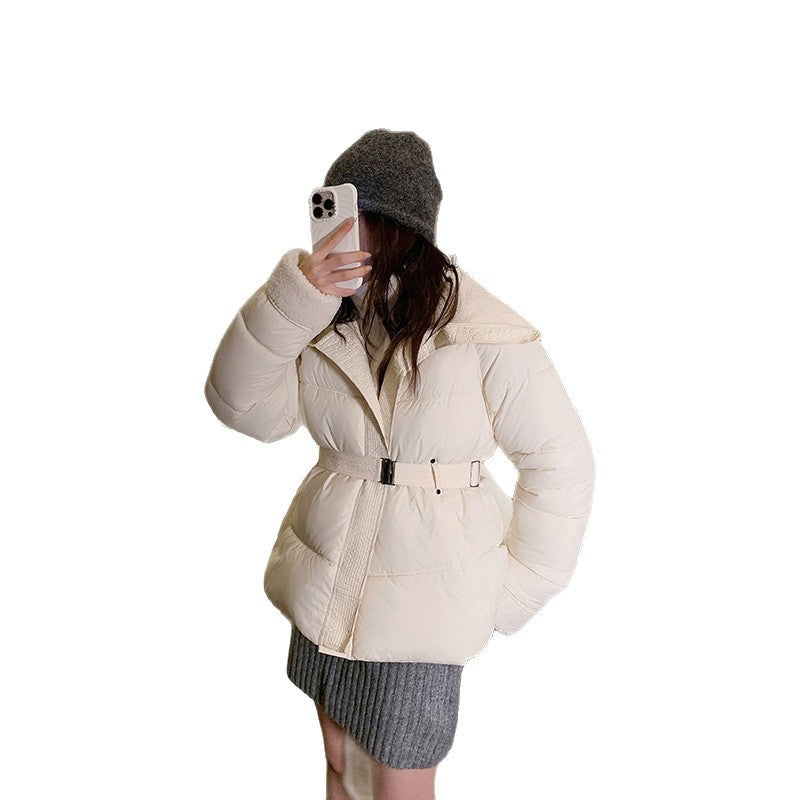 Damen nan kurz gesteppte Taillen-Pufferjacke mit kuscheligem Teddykragen und verstellbarem Schnallenriemen Nord Taschen